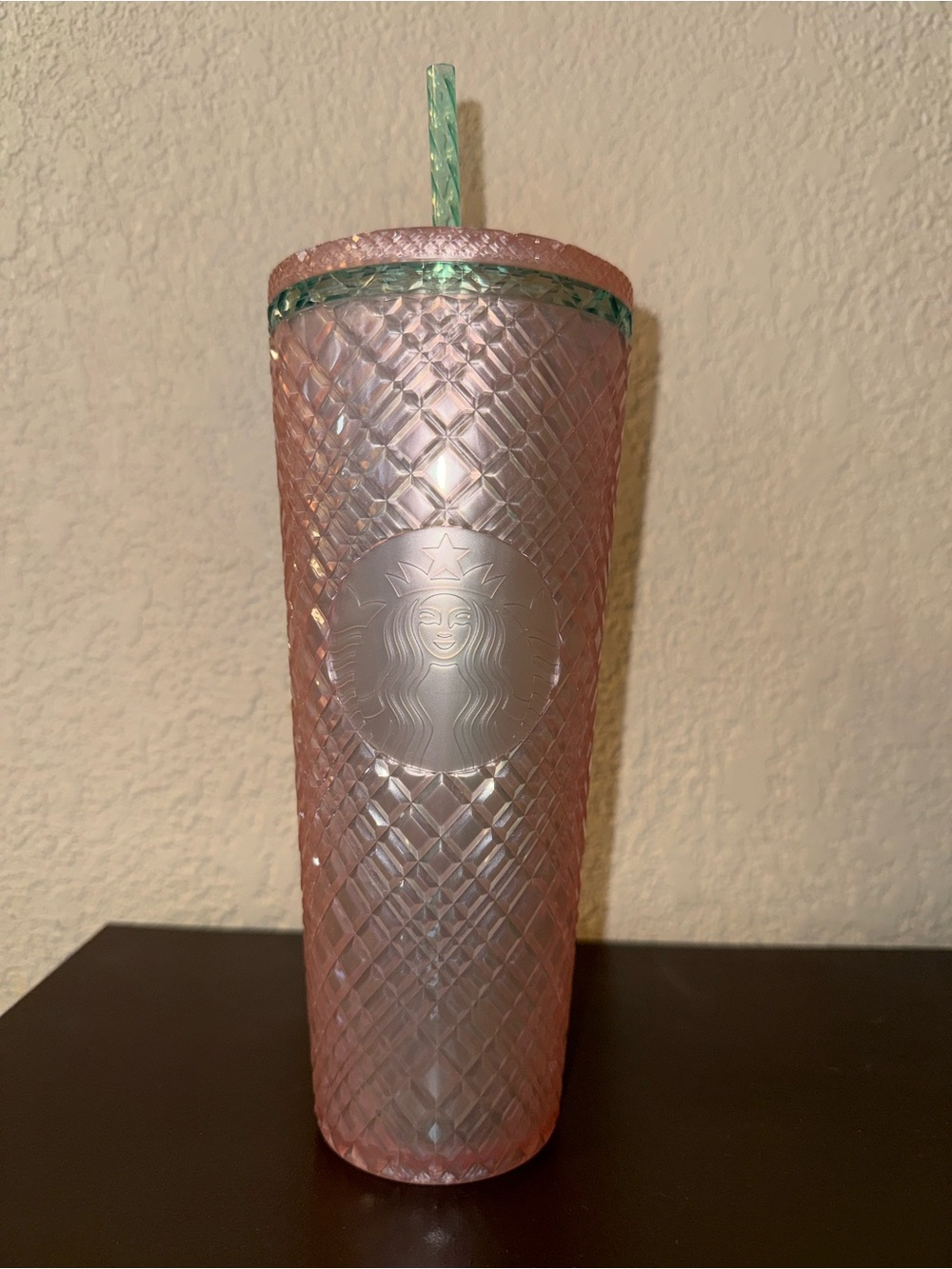 Starbucks Pink Textured Tumbler with Green Accent Straw